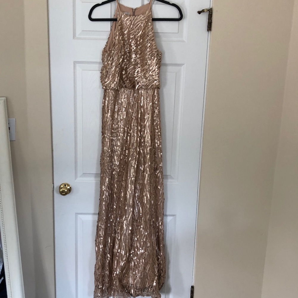 BHLDN Donna Morgan Rose Gold long sequin dress